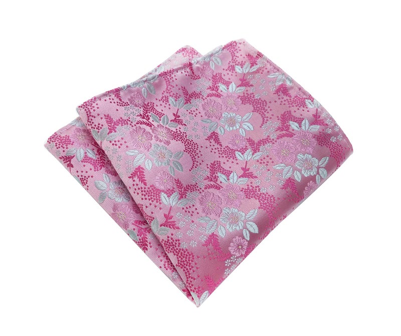 Elfeves Mens Women Boys Pink White Floral Jacquard Silk Bow Tie Pocket Square Set Formal Designer Self Necktie - Image 3